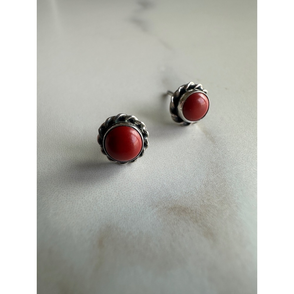 Vintage Sterling Silver Red Coral Stud Earrings Round Rope Border Southwestern